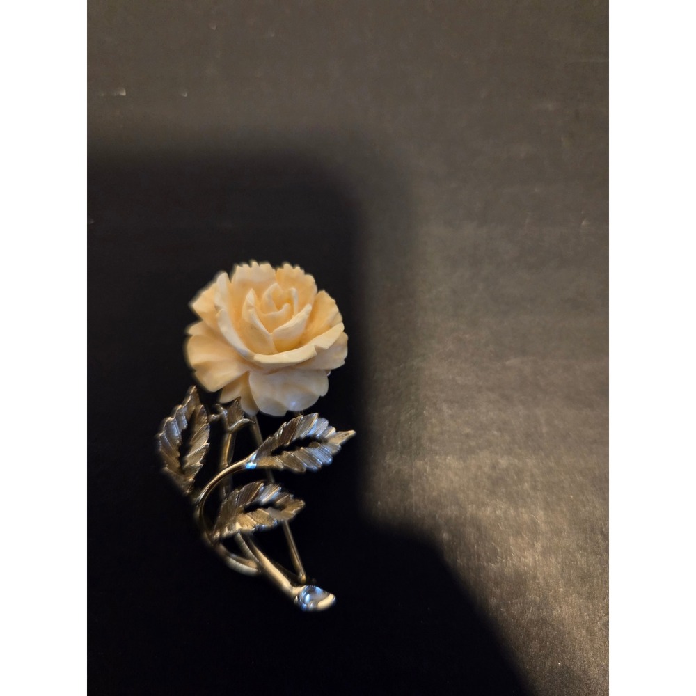 Vintage Coro Silver Tone Carved Cream Rose Flower Brooch Pin Floral Mid Century